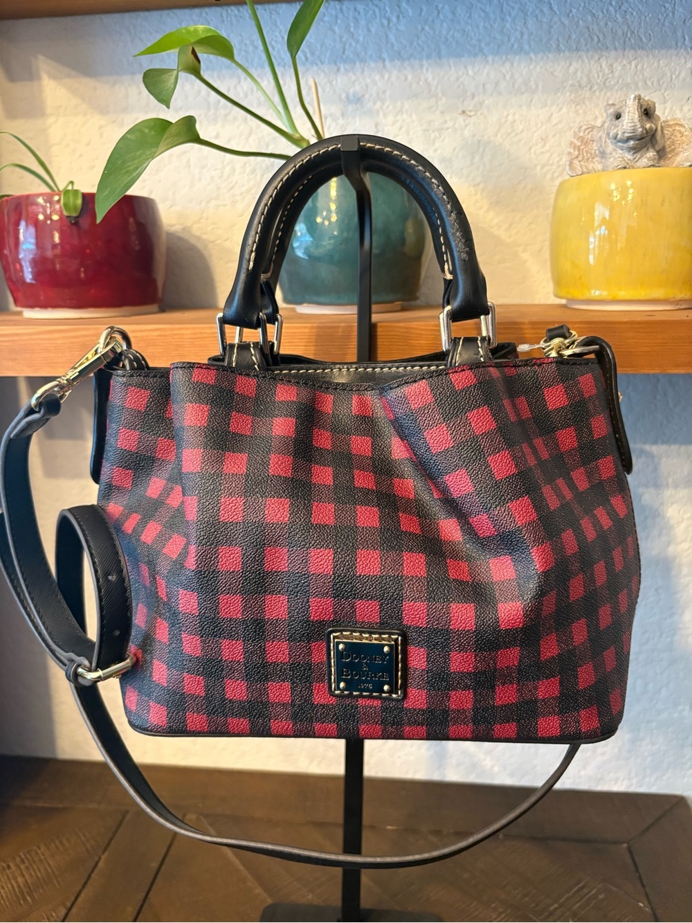 Dooney & Bourke Red and Black Checkered Crossbody Satchel